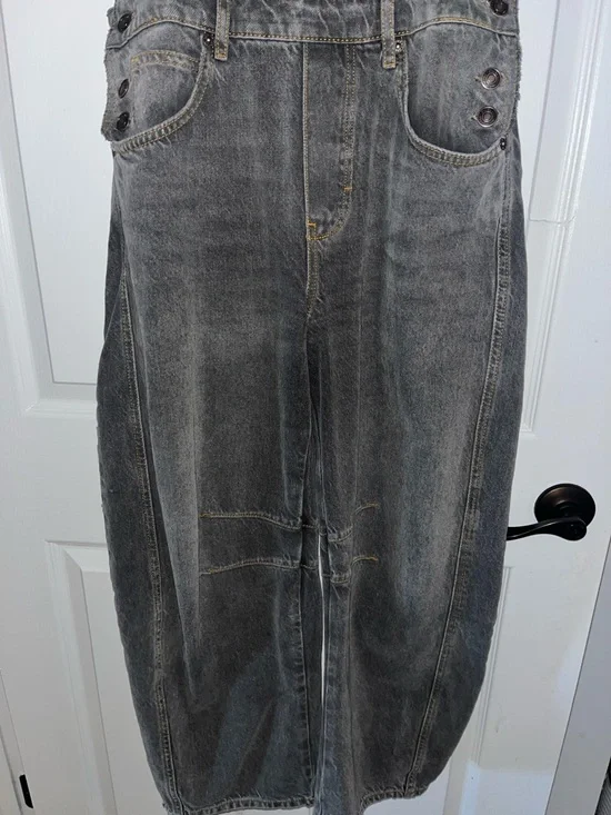 Free People Washed Black/Charcoal Denim Barrel Overalls - Picture 6 of 10